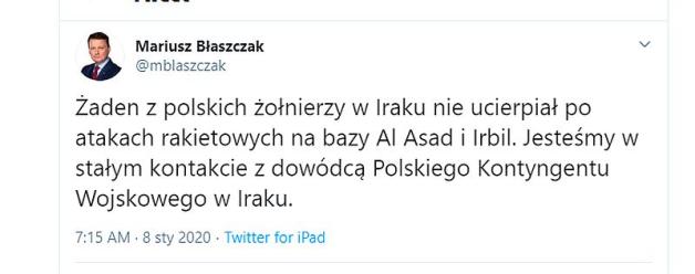 Polscy żołnierze w Iraku nie ucierpieli w irańskim ataku rakietowym